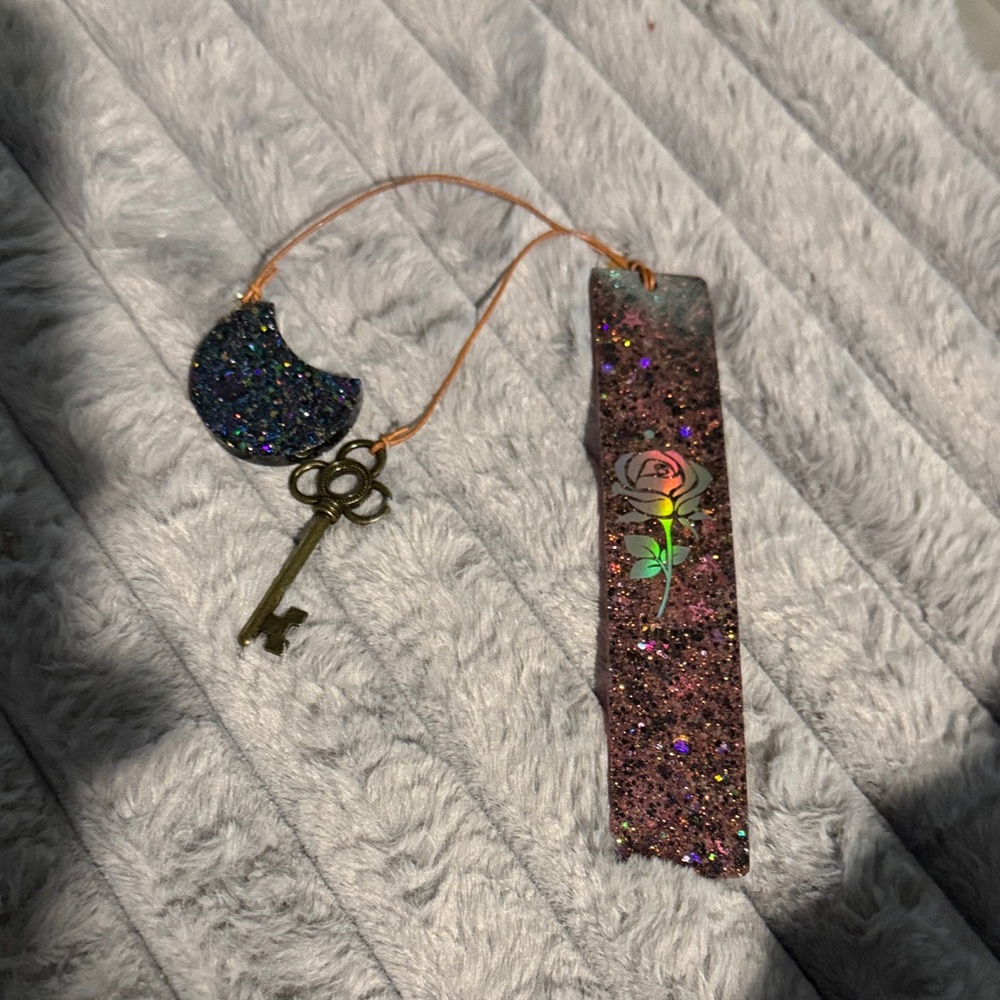 Glittery Bookmark with Key and Moon Charm